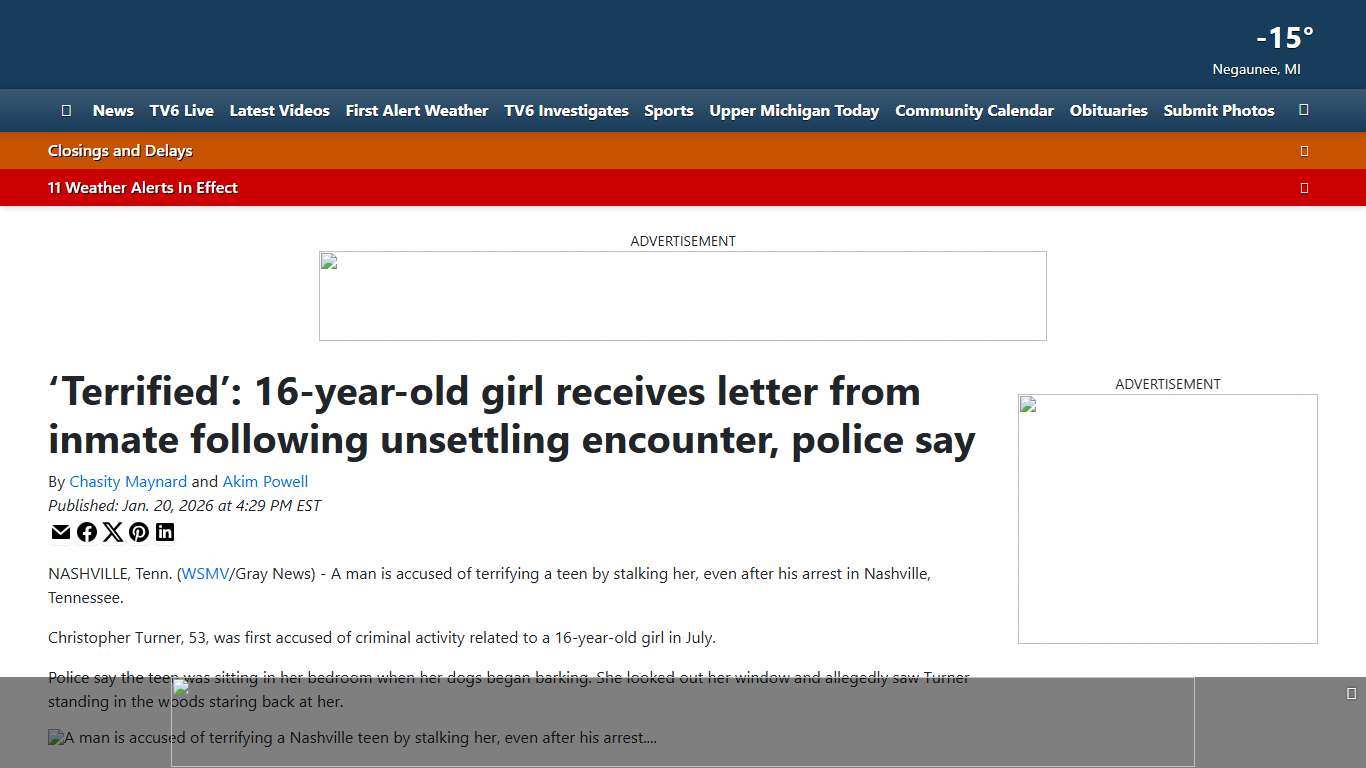 ‘Terrified’: 16-year-old girl receives letter from inmate following unsettling encounter, police say